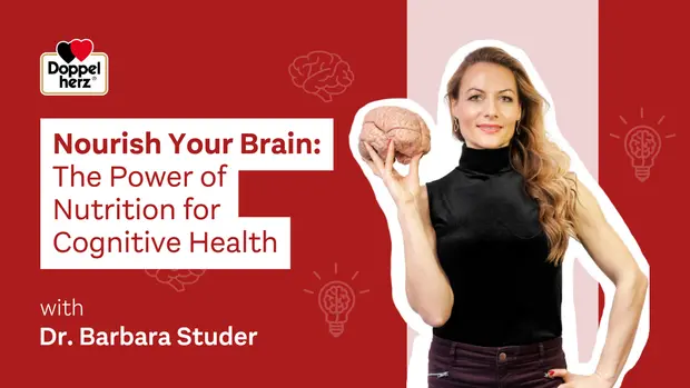 A woman holds a brain model, promoting awareness about nutrition's role in cognitive health. The title “Nourish Your Brain: The Power of Nutrition for Cognitive Health” is prominently displayed, alongside information about an event featuring Dr. Barbara Studer. Background elements include brain icons and a colorful design.